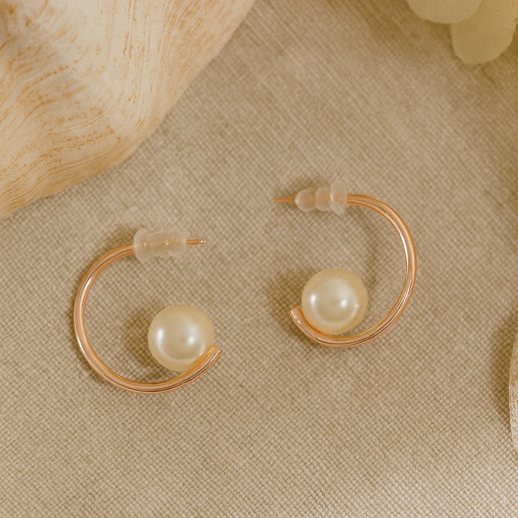 Crescent Pearl Rose Gold Hoops