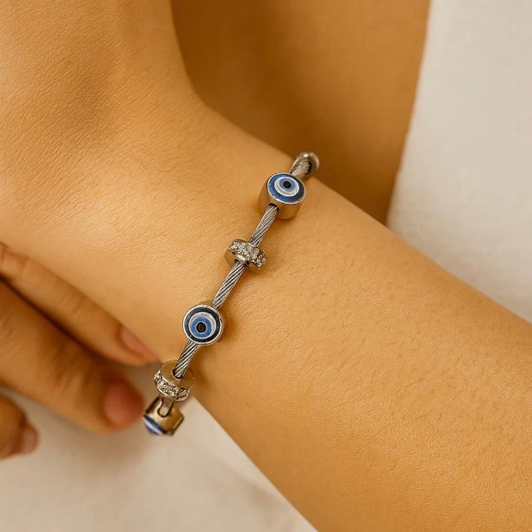 Blue Eye Beaded Silver Bracelet
